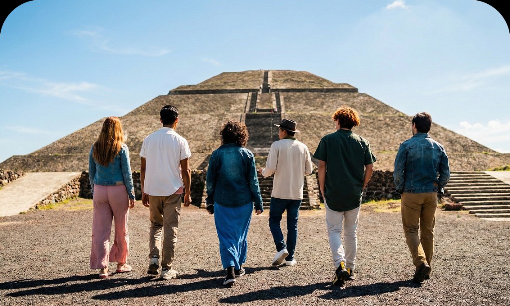 Grupo de amigos caminhando em direção a pirâmide no México