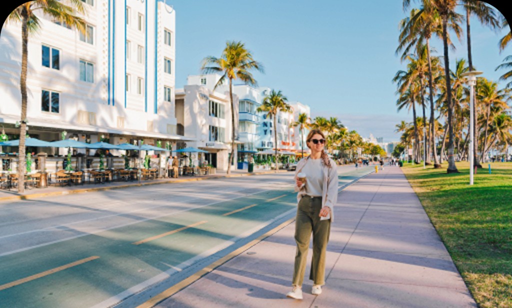 Boulevard com palmeiras em Miami Beach, Estados Unidos